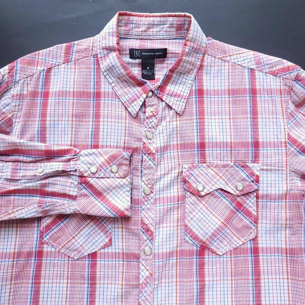 Vintage Pearl Snap Roll Tab Long Sleeve Shirt Mens M Red Plaid Western Cotton